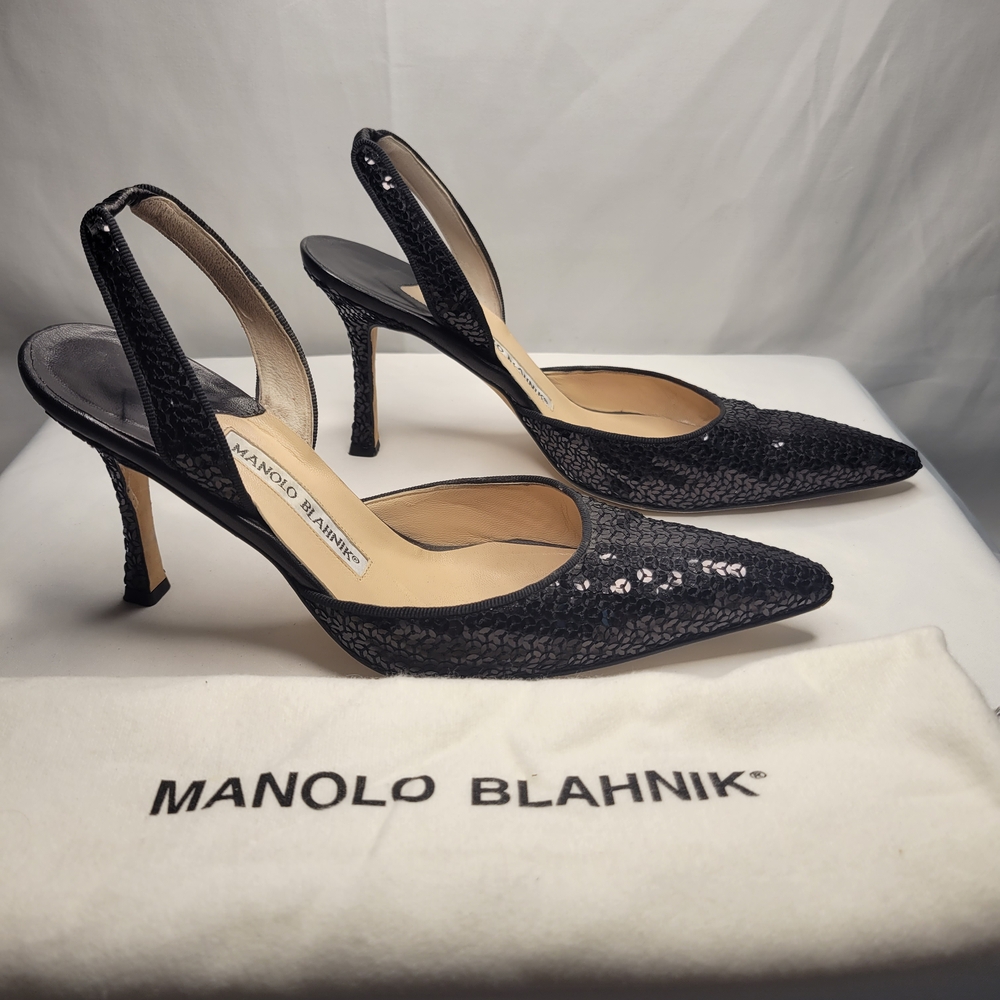 Manolo Blahnik Sequins Slingback Pumps, Pointed Toe, Sample. Slight Wear Bottom